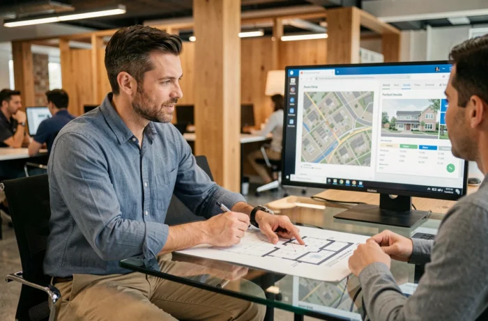 Consultant néo agence immobilière présentant des plans et données de biens à un client en espace de coworking