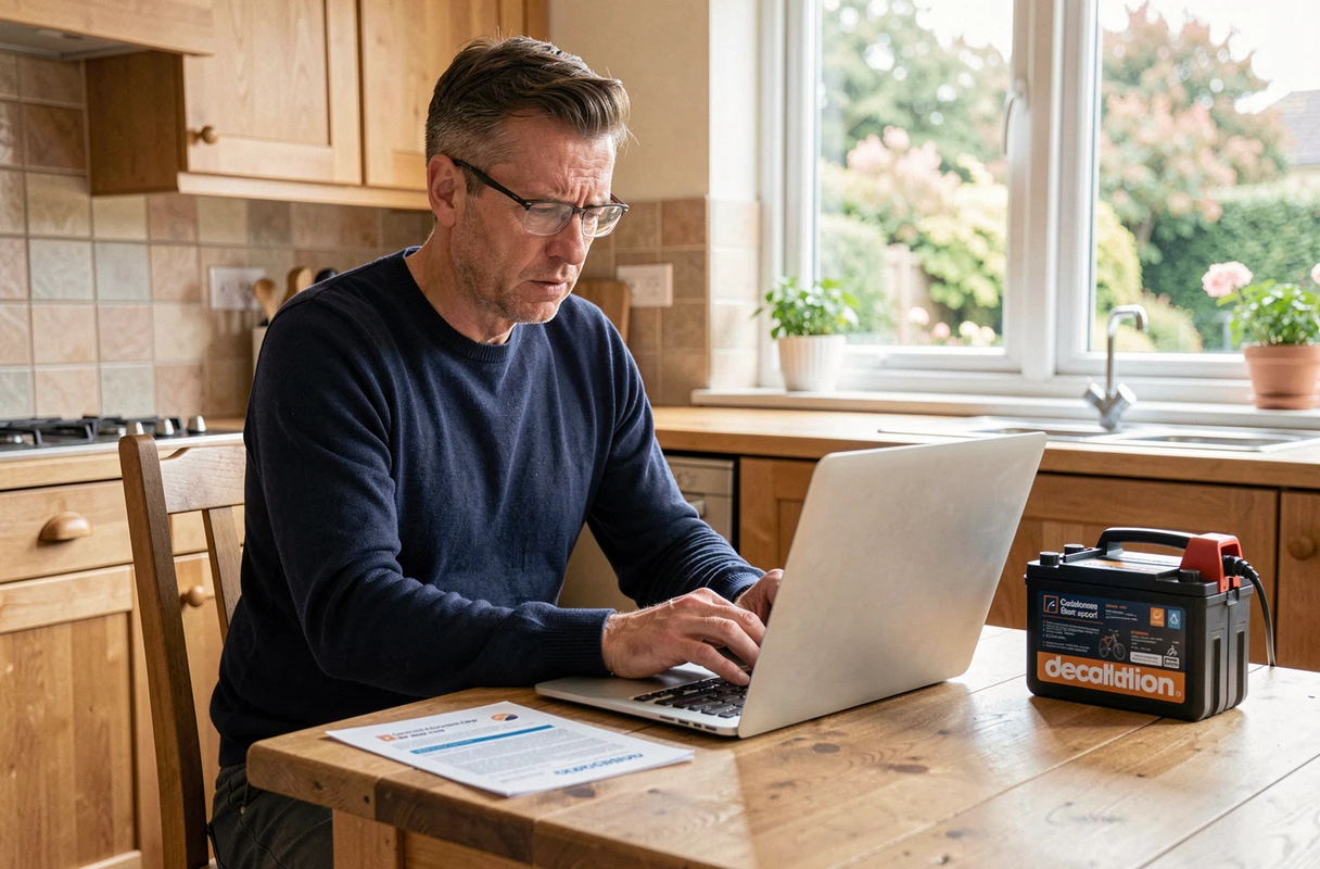 Homme consultant le support client Decathlon en ligne pour un problème de batterie de vélo électrique