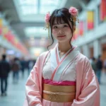 Jeune femme en cosplay kimono élaboré rose et blanc devant l'entrée d'une convention Japan Expo