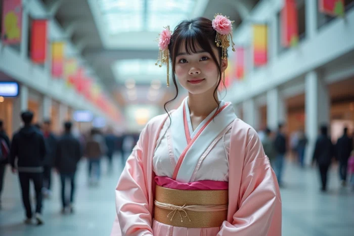 Jeune femme en cosplay kimono élaboré rose et blanc devant l'entrée d'une convention Japan Expo