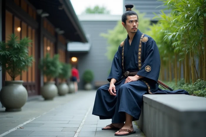 Homme en cosplay samouraï détaillé assis dans une cour extérieure calme près de la Japan Expo