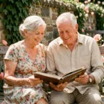 Couple de personnes âgées feuilletant un album photo de mariage dans un jardin fleuri