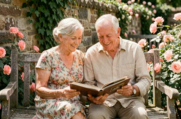 Couple de personnes âgées feuilletant un album photo de mariage dans un jardin fleuri