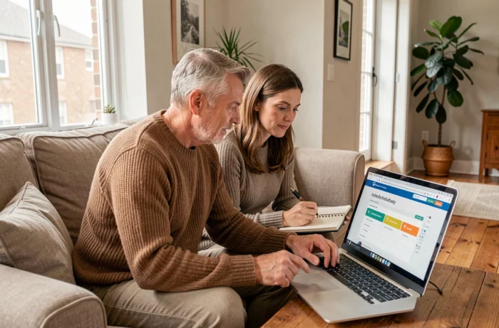 Couple comparant des offres d'assurance immobilière sur un ordinateur portable dans un salon moderne