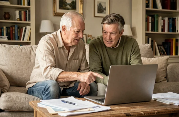Couple gérant ensemble leurs démarches administratives pour leur maison via une plateforme numérique