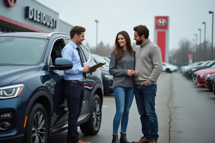 Couple en train d'inspecter un SUV d'occasion avec un vendeur dans un parking de concessionnaire automobile