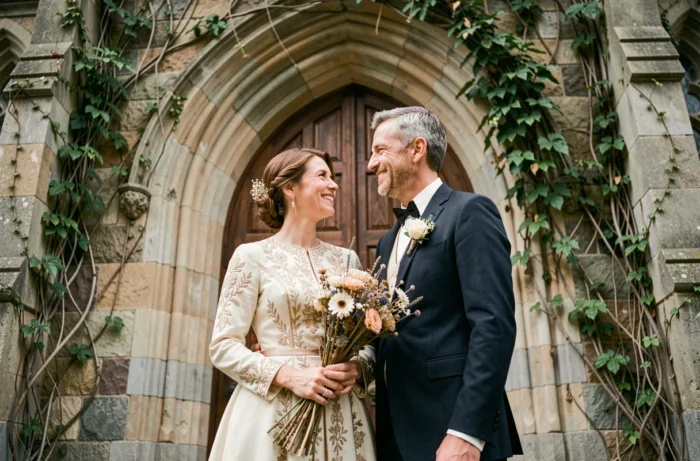 Jeune couple en tenue de mariage traditionnelle devant une chapelle historique en pierre