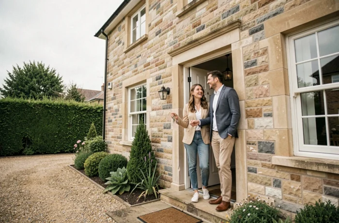 Couple heureux recevant les clés de leur nouvelle maison grâce à une néo agence immobilière