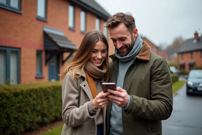 Couple consultant un sitemap immobilier sur smartphone devant une maison lors d'une visite de bien