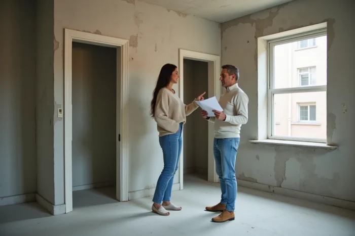 Couple en visite d'un appartement deux pièces vide en rénovation, discutant de la différence entre T2 et F2 en immobilier