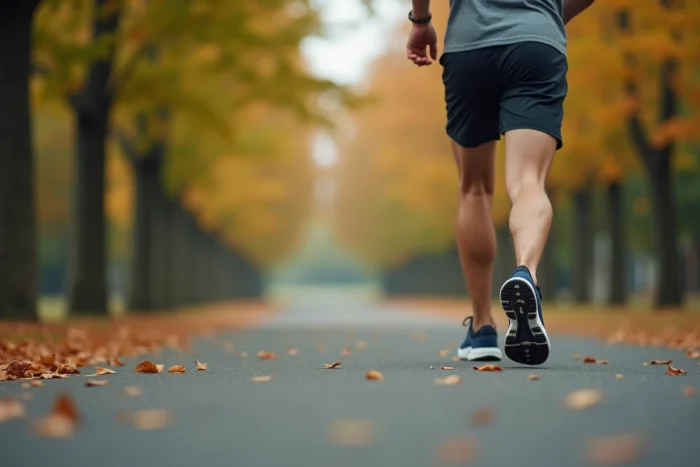 Un coureur masculin en pleine foulée sur un sentier asphalté en parc urbain, mettant en valeur ses chaussures de running à amorti épais