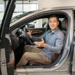 Créateur de contenu automobile expliquant les caractéristiques d'une voiture de luxe dans un showroom moderne pour une stratégie YouTube inspirée de GMK