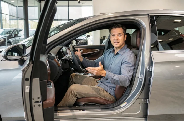 Créateur de contenu automobile expliquant les caractéristiques d'une voiture de luxe dans un showroom moderne pour une stratégie YouTube inspirée de GMK