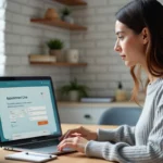 Femme créant son compte Keldoc sur un ordinateur portable dans un bureau à domicile moderne