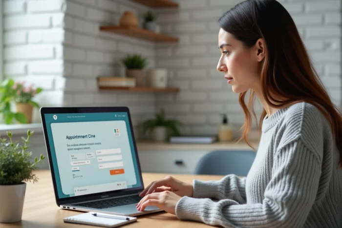 Femme créant son compte Keldoc sur un ordinateur portable dans un bureau à domicile moderne