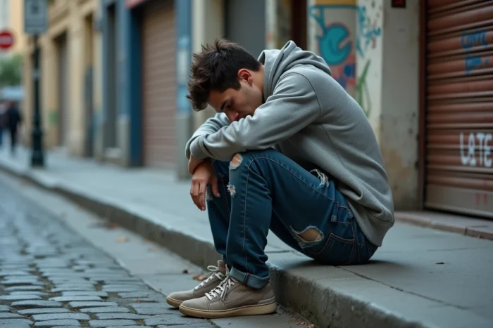 Jeune homme assis sur un trottoir urbain tenant son ventre vide, illustrant l'expression crever la dalle
