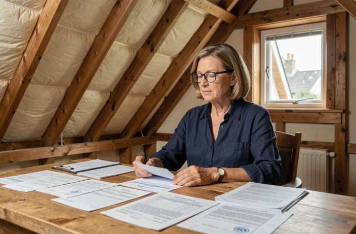 Femme déclarant ses combles aménagés aux impôts, assise à un bureau sous des poutres apparentes avec des formulaires fiscaux