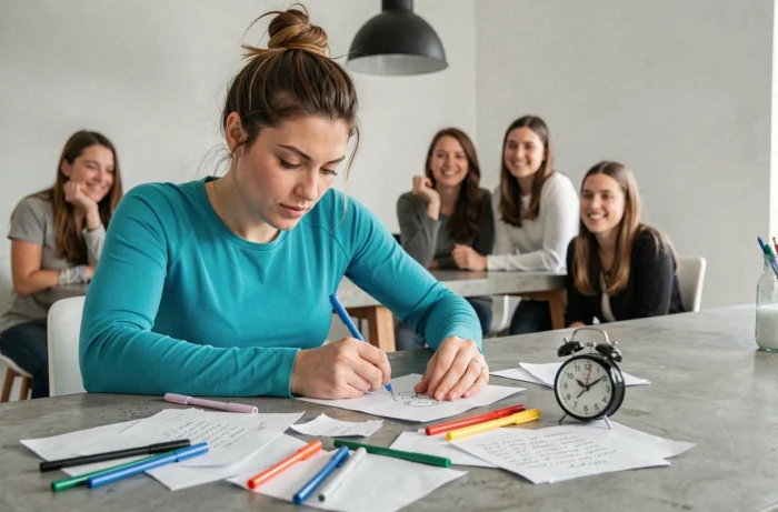Femme relevant un défi créatif en temps limité après avoir tiré un message dans une cocotte en papier