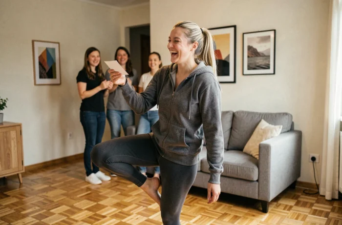 Femme réalisant un défi physique amusant après avoir tiré un message dans une cocotte en papier