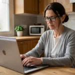 Femme utilisant une plateforme en ligne pour gérer ses démarches administratives depuis sa cuisine