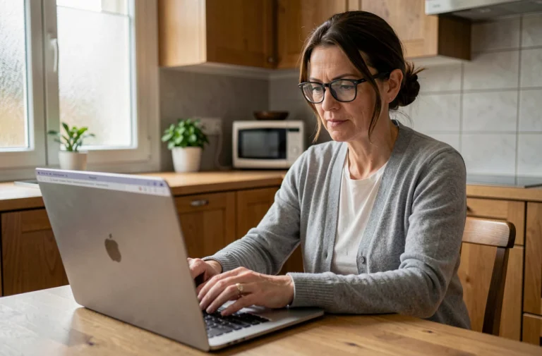 Femme utilisant une plateforme en ligne pour gérer ses démarches administratives depuis sa cuisine