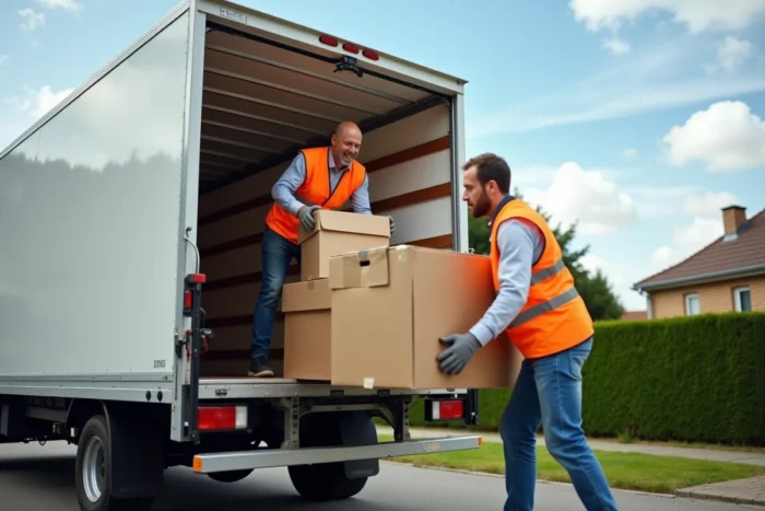 Déménageurs chargeant des cartons dans un camion 10 m3 devant une maison individuelle