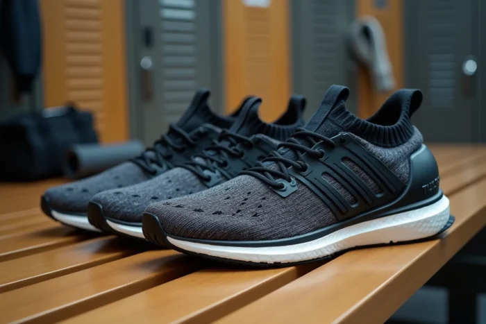 Gros plan sur une paire de chaussures de running posée sur un banc de vestiaire, révélant la structure de la semelle et le drop du talon