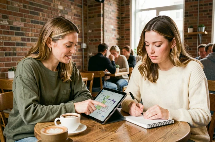 Deux femmes explorant ensemble le plan de navigation du site Maman Anonyme dans un café