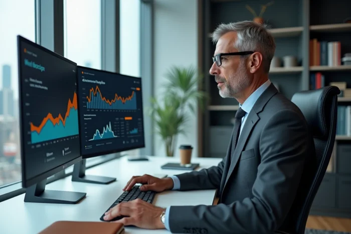 Chef d'entreprise analysant des données de croissance digitale sur double écran dans un bureau moderne avec vue urbaine
