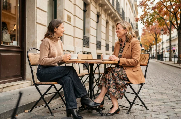 Deux femmes aux styles tendance contrastés partageant un café en terrasse parisienne à l'automne