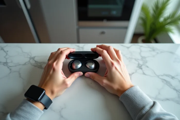 Gros plan sur des écouteurs sans fil et une montre connectée posés sur un comptoir en marbre