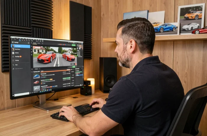 Éditeur de vidéos YouTube automobile travaillant sur sa stratégie de contenu dans un studio maison professionnel inspiré de GMK