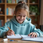 Collégienne qui personalise son classeur SVT avec une page de garde imprimée, assise à son bureau en bois entouré de fournitures scolaires