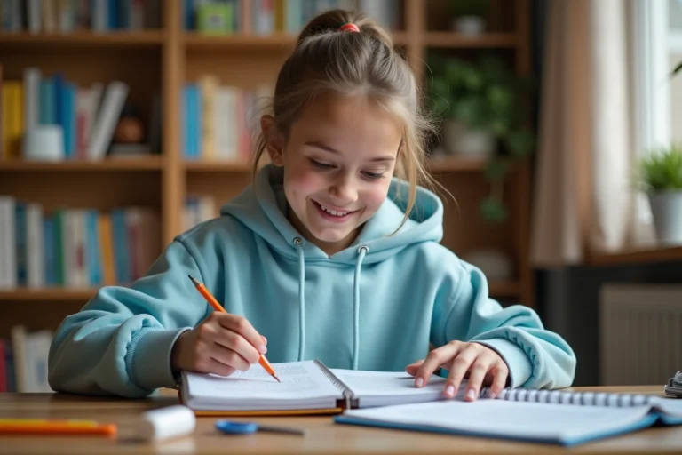Collégienne qui personalise son classeur SVT avec une page de garde imprimée, assise à son bureau en bois entouré de fournitures scolaires