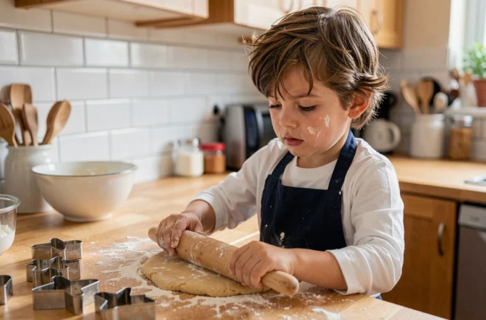 Jeune garçon faisant de la pâtisserie dans une cuisine familiale avec de la farine sur les mains et le tablier