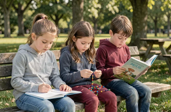 Trois enfants assis sur un banc dans un parc réalisant des activités créatives variées comme le dessin et la lecture