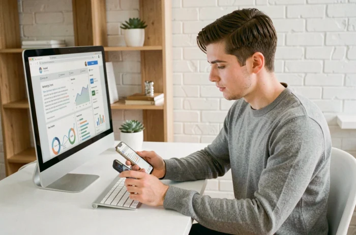 Jeune entrepreneur analysant les tendances marketing 2024 sur son ordinateur dans un bureau minimaliste à domicile
