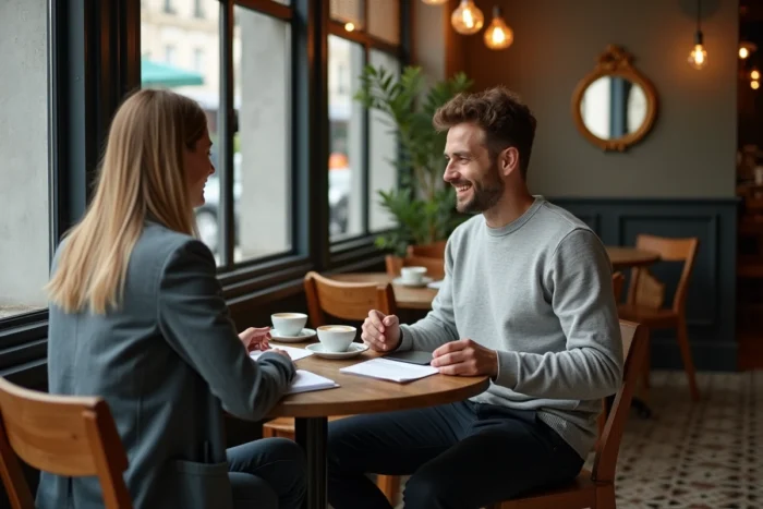 Entrepreneur français discutant de sa stratégie de création d'entreprise avec un conseiller dans un café parisien