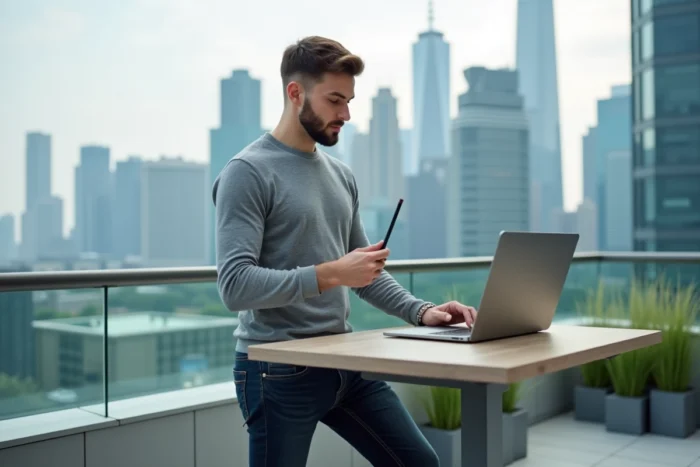 Jeune entrepreneur travaillant sur sa stratégie web innovante depuis une terrasse urbaine avec vue sur la ville