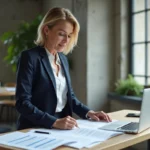 Entrepreneuse française en blazer marine analysant un plan d'affaires dans un espace de coworking moderne à Paris