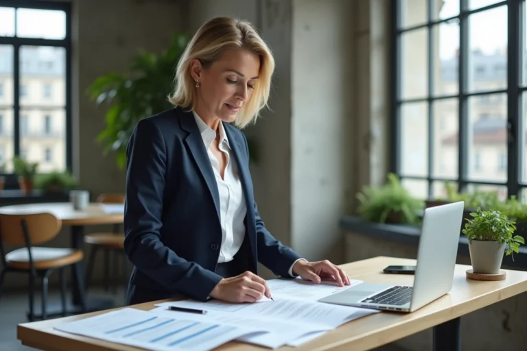 Entrepreneuse française en blazer marine analysant un plan d'affaires dans un espace de coworking moderne à Paris