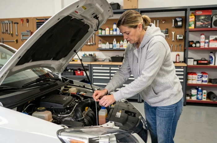 Femme vérifiant le niveau d'huile moteur sous le capot d'une voiture dans un garage domestique