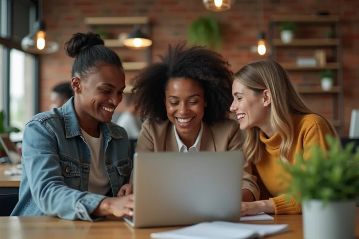 Équipe de jeunes professionnels discutant de stratégies de développement de carrière autour d'un ordinateur portable dans un espace de coworking