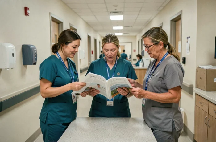 Équipe infirmière consultant ensemble les pages de Convergence Infirmière dans un couloir d'hôpital