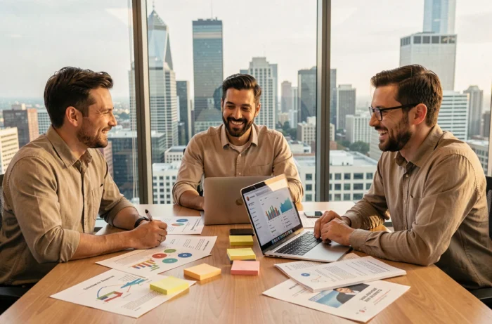 Équipe marketing multiculturelle collaborant autour d'une table de réunion avec des documents de stratégie digitale