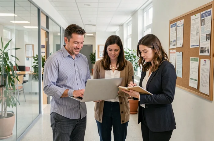 Équipe de personnels de l'Académie de Toulouse collaborant dans un couloir administratif pendant la phase de convergence