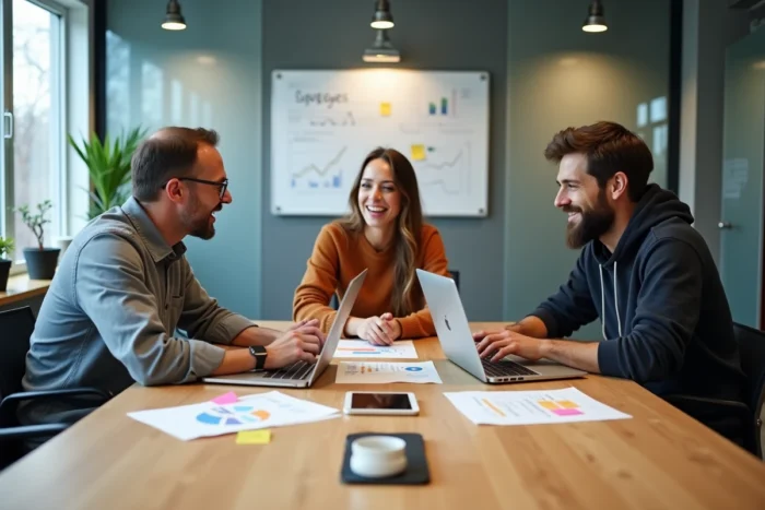 Équipe diversifiée en réunion de brainstorming autour d'analyses digitales pour stimuler l'innovation et la croissance de leur entreprise