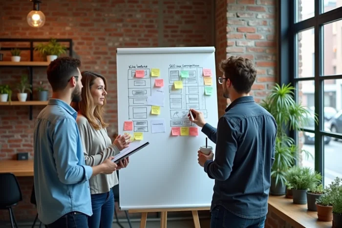 Équipe créative collaborant sur une stratégie de présence digitale et SEO autour d'un tableau blanc dans un espace de coworking