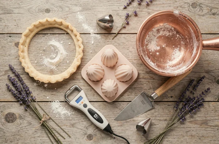 Vue aérienne d'un assortiment d'équipements essentiels pour la pâtisserie artisanale sur bois clair