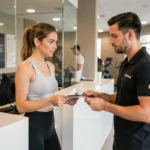 Femme en tenue de sport recevant un brochure d'essai à la réception d'une salle de sport moderne